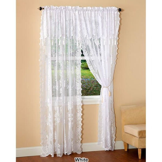 Renaissance Home Fashion Lace white window curtain with attached valance and tassels