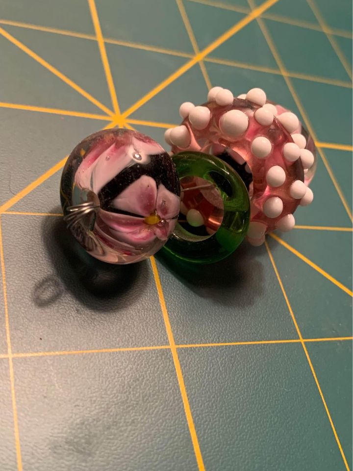 Handmade pink green Glass Lampwork Beads - New