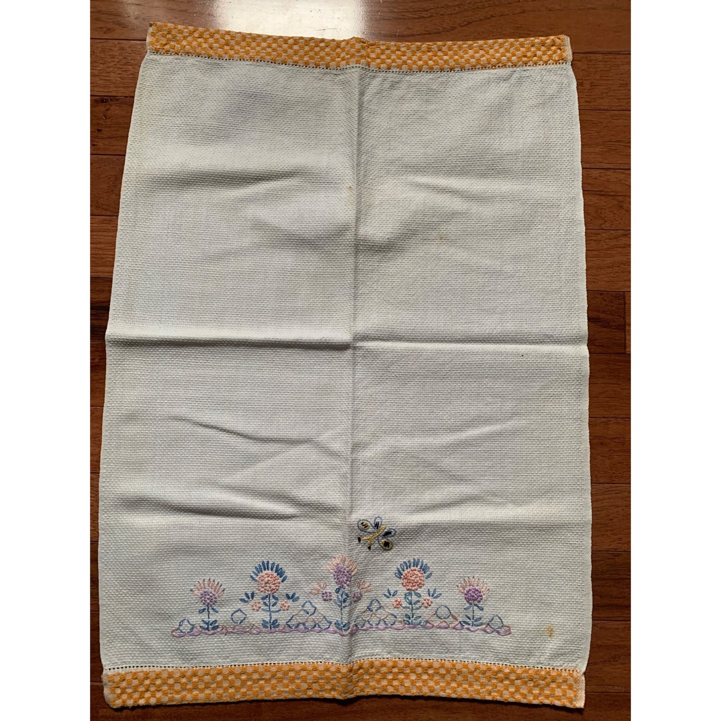 Vintage Blue Pink and Purple embroidered flower hand towel