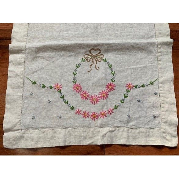 Vintage Embroidery Pink and Blue Flower Linen Table Runner 16"x41"