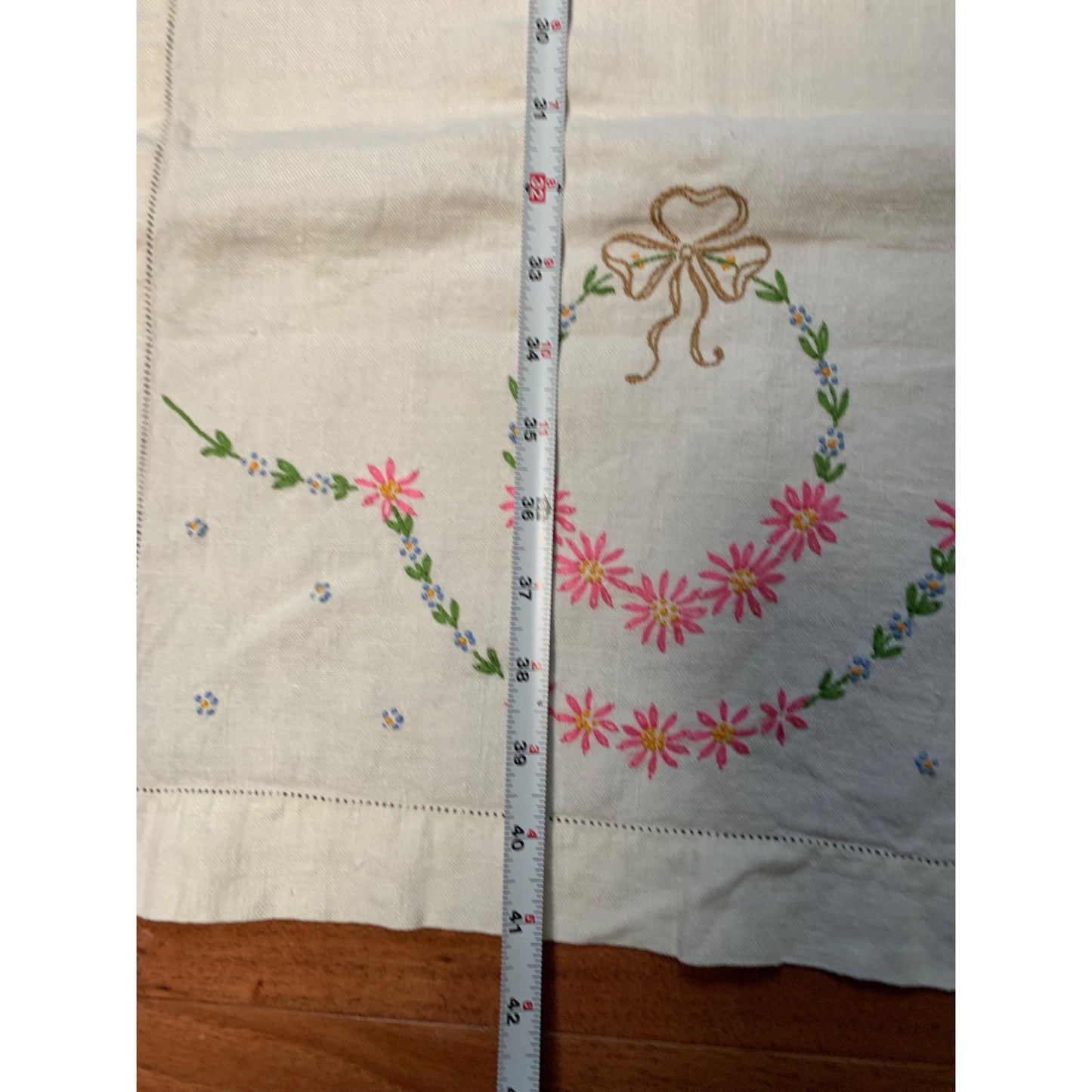 Vintage Embroidery Pink and Blue Flower Linen Table Runner 16"x41"