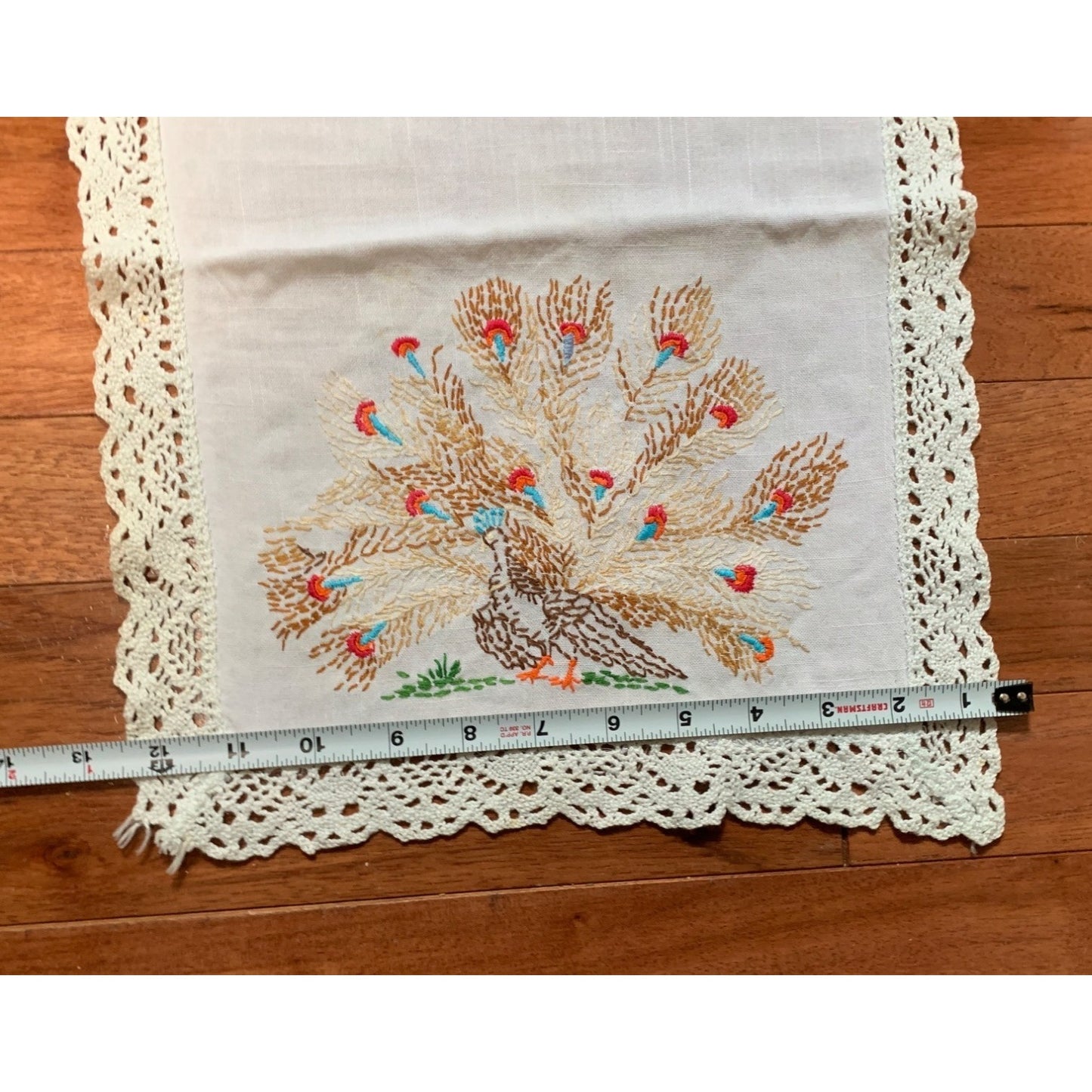 Vintage Hand Embroidered Peacock White Table Runner 12x34 inches