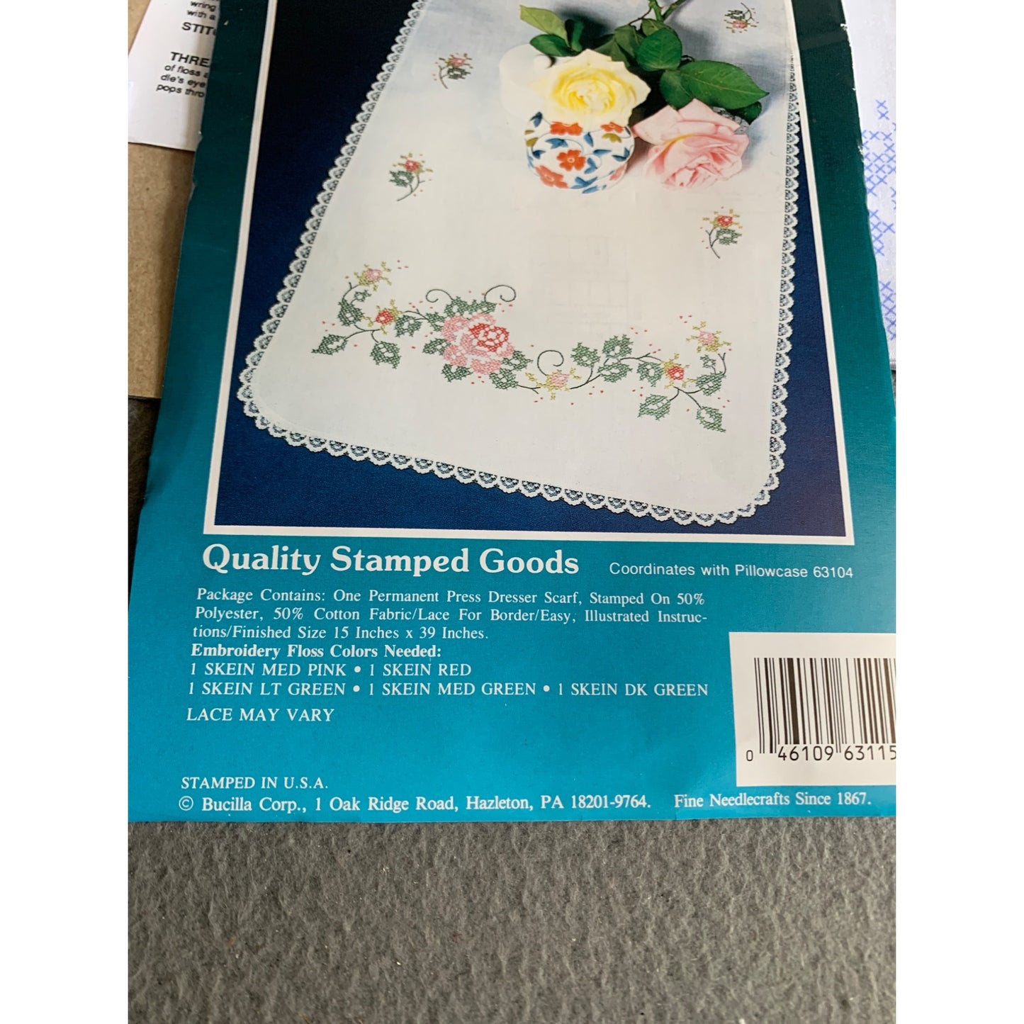 Bucilla Flowers & Vines Dresser Scarf Kit Stamped Cross Stitch