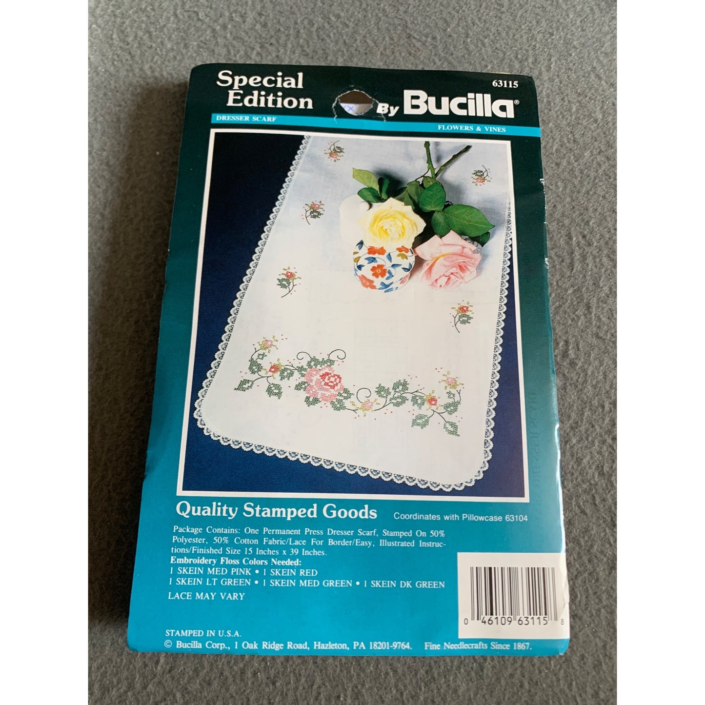 Bucilla Flowers & Vines Dresser Scarf Kit Stamped Cross Stitch