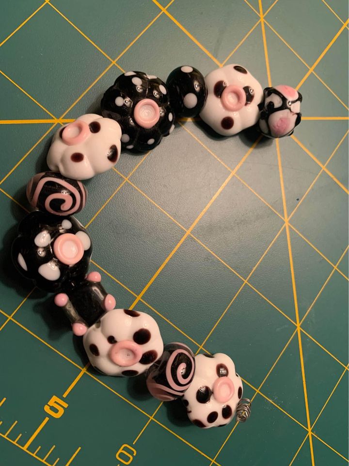 Handmade pink black & white glass lampwork beads - New