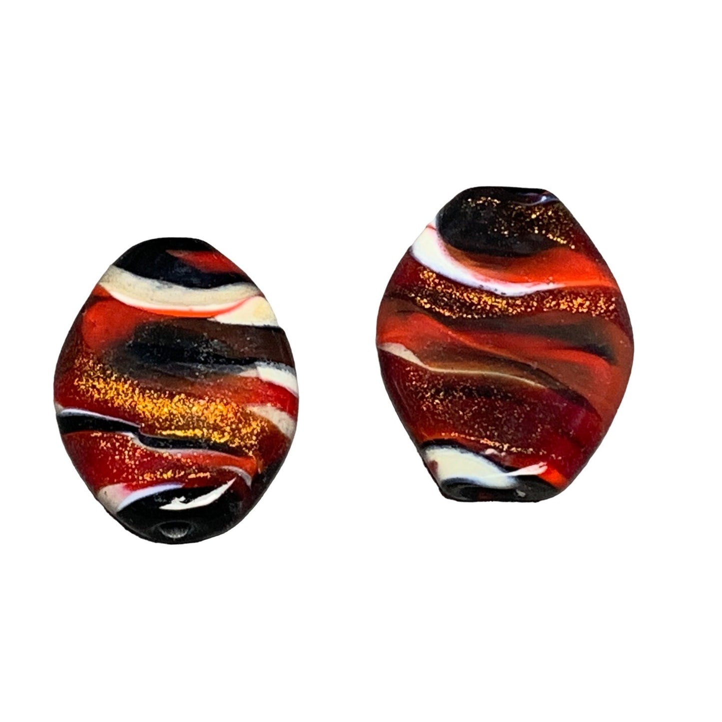 Handcrafted Lampwork Glass Beads - Red Black & Gold Glitter Swirl 2 Pcs Oval Shape