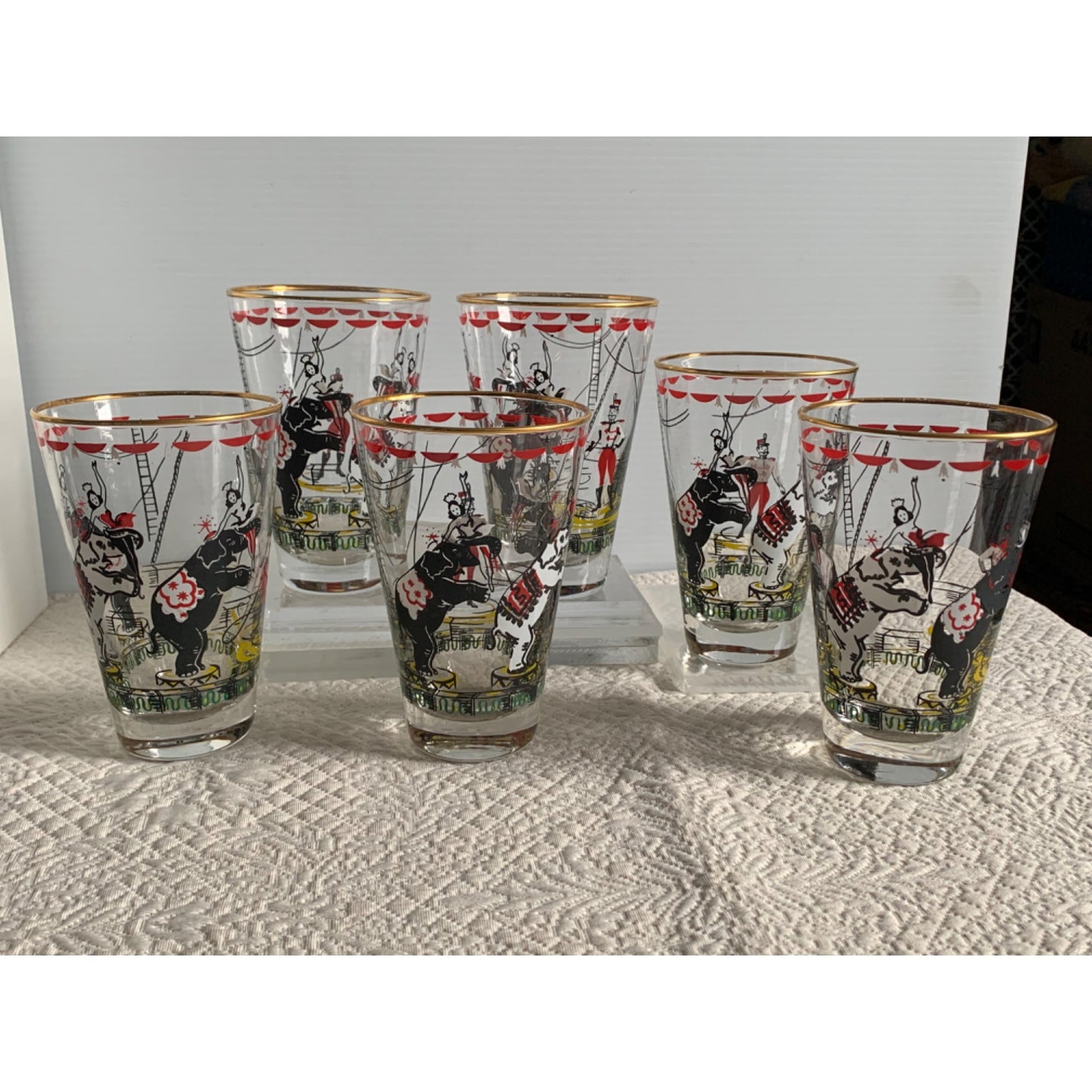 Vtg 1950s Set of 6 Libbey Glasses Day At the Circus Elephants Cocktail Gold Rim