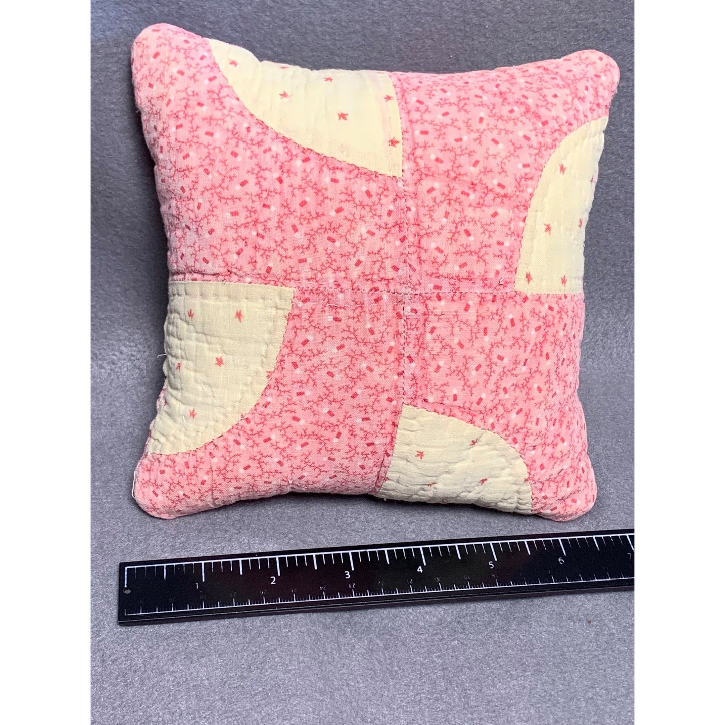 Vintage Handmade Pink & Cream Patchwork Pillow - 7" x 7" Quilted Throw Cushion