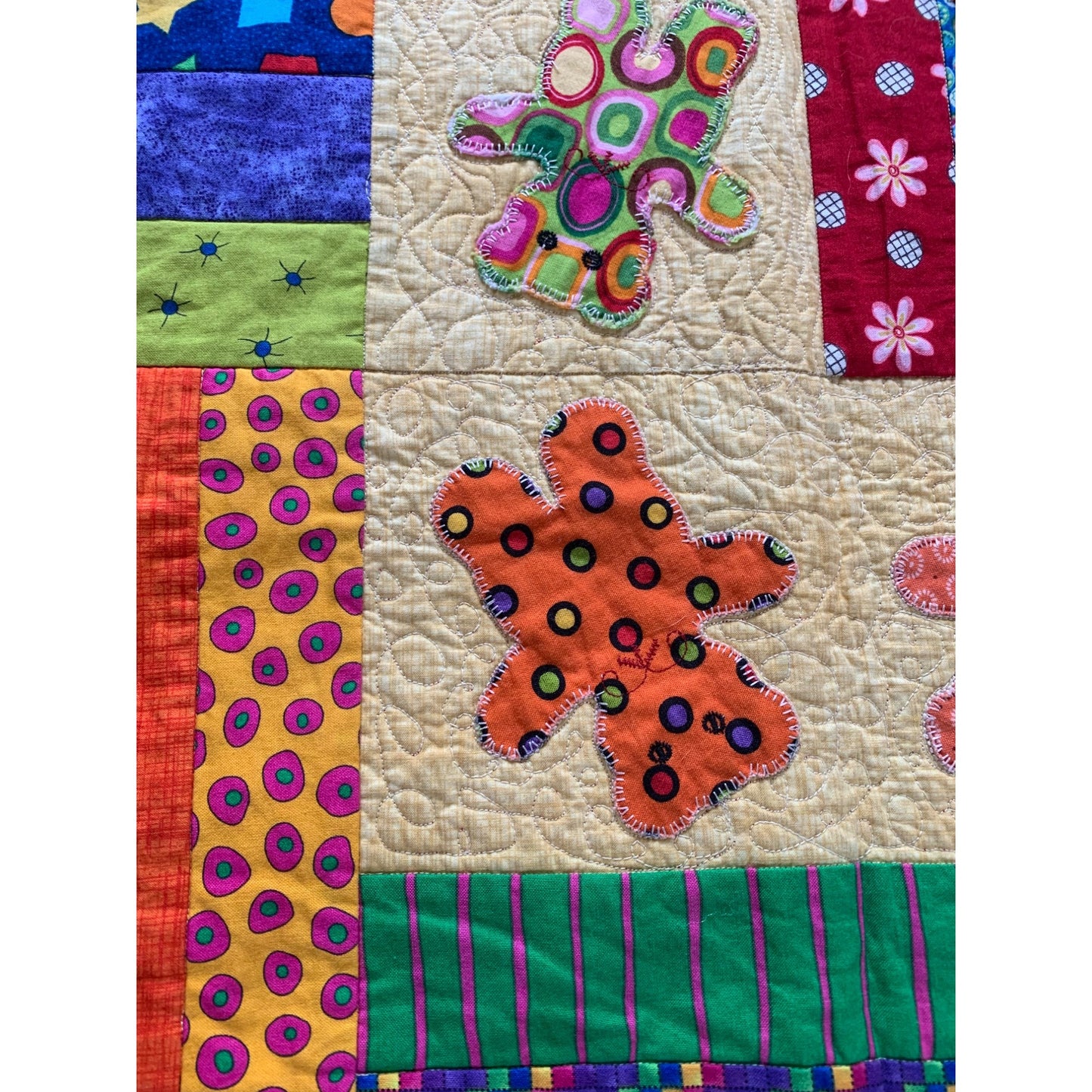 Handmade Rail Fence and Applique Blocks and Teddy Bear motifs Quilt with pillow