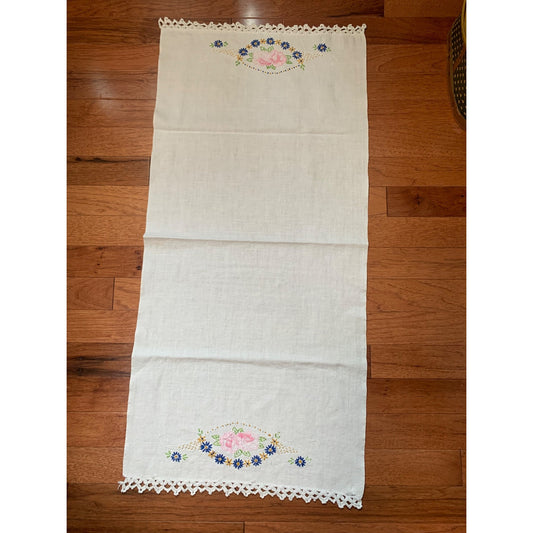 Handmade Embroidered Floral Table Runner with Crocheted Edges - 34" x 16"