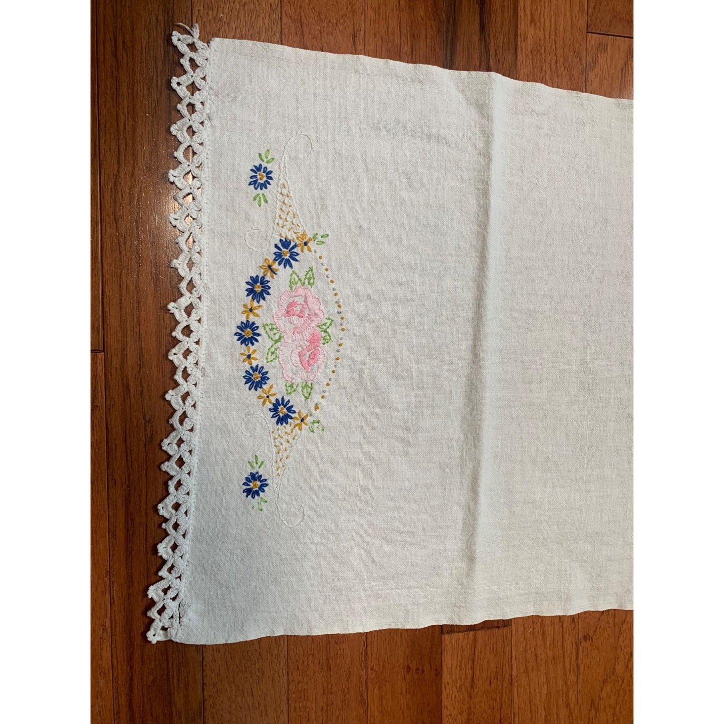 Handmade Embroidered Floral Table Runner with Crocheted Edges - 34" x 16"