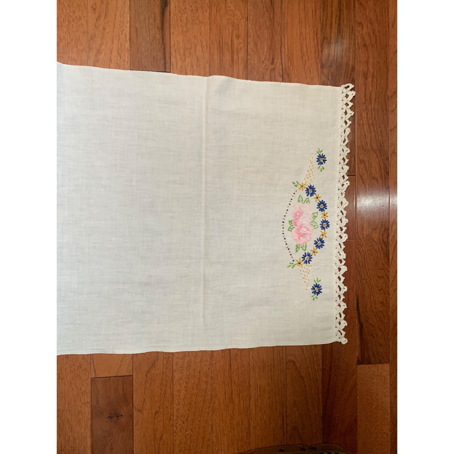 Handmade Embroidered Floral Table Runner with Crocheted Edges - 34" x 16"