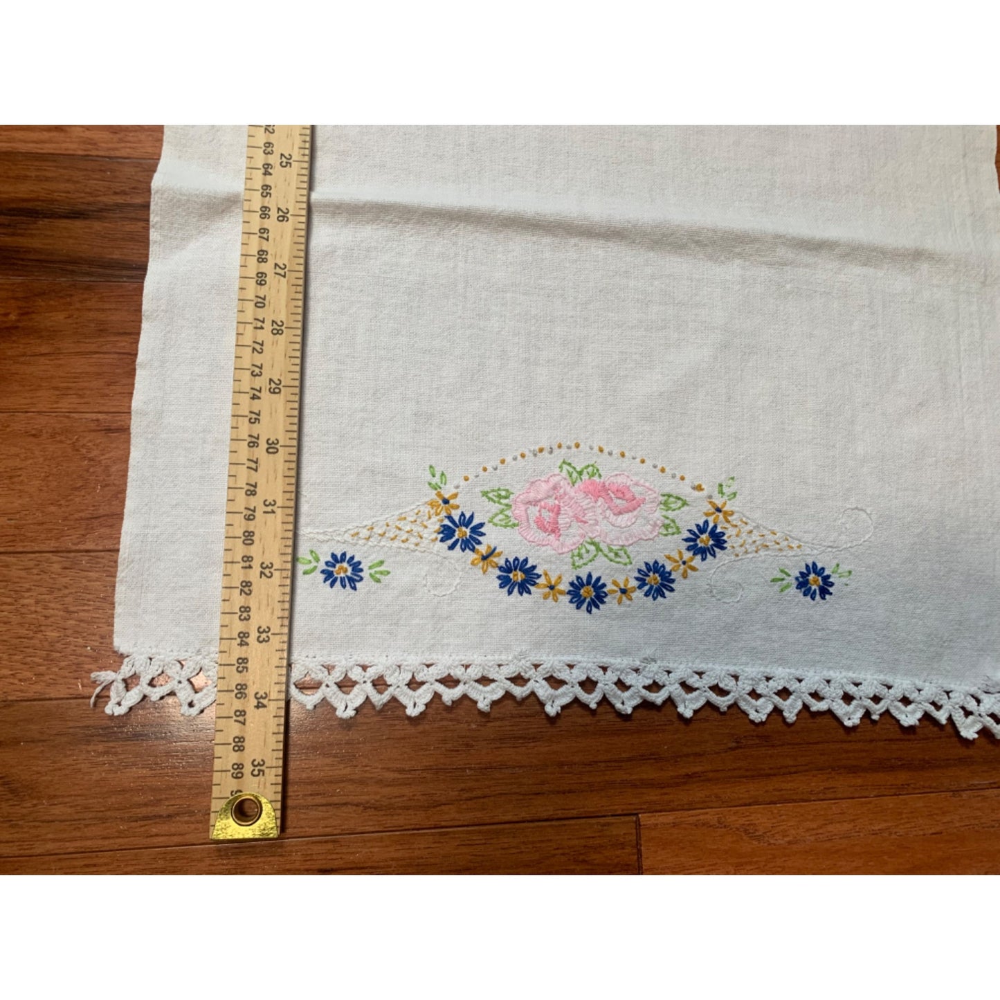 Handmade Embroidered Floral Table Runner with Crocheted Edges - 34" x 16"