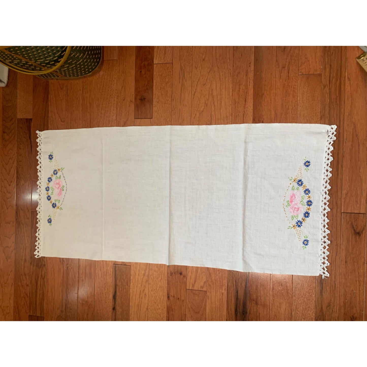 Handmade Embroidered Floral Table Runner with Crocheted Edges - 34" x 16"