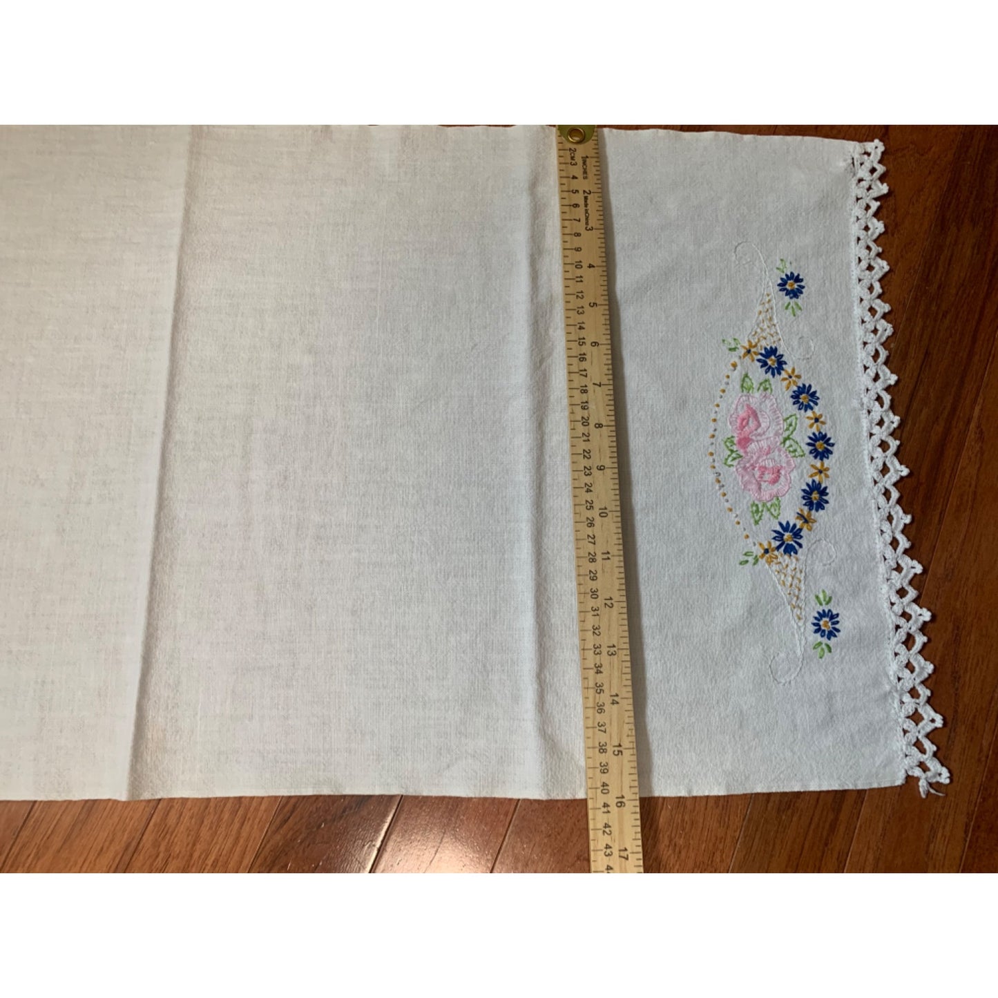 Handmade Embroidered Floral Table Runner with Crocheted Edges - 34" x 16"