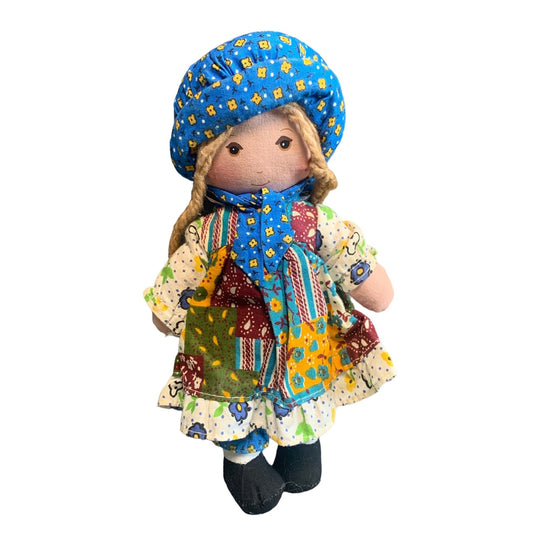 Vintage Knickerbocker Holly Hobbie Rag Doll 1970s Patchwork Dress & Bonnet 9"