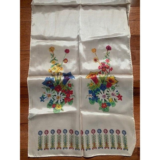 Vintage Women All Acetate Twill Flower Scarf Hand Painted Made in Japan