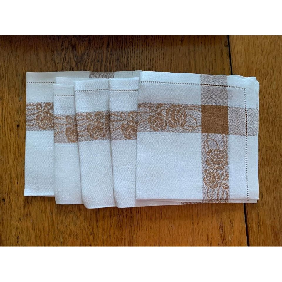 Vintage Brown Flower Tablecloth with 5 Napkins