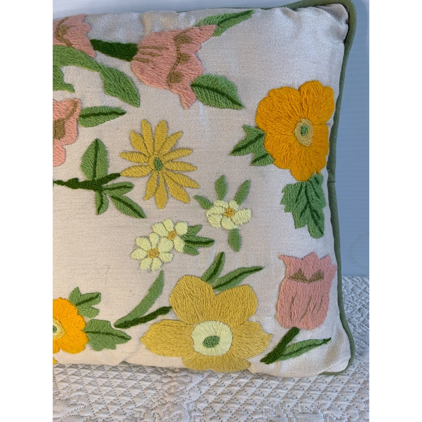 Vintage Crewel Yellow and Pink Flower accent pillow with green piping