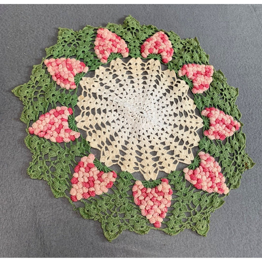 Handmade Crocheted Doily with Pink & Green Floral Design Vintage 14" Round