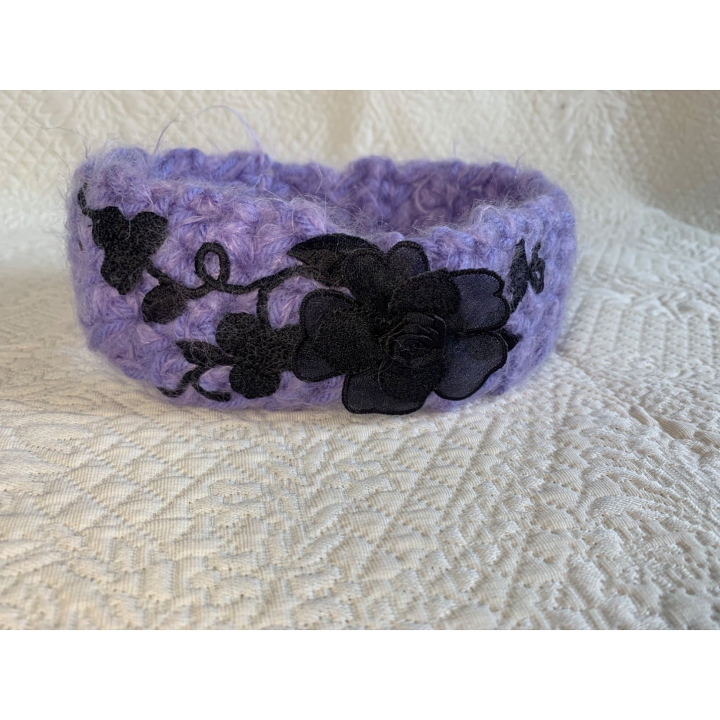 Handmade Purple with Black Flower Crocheted Headband - New