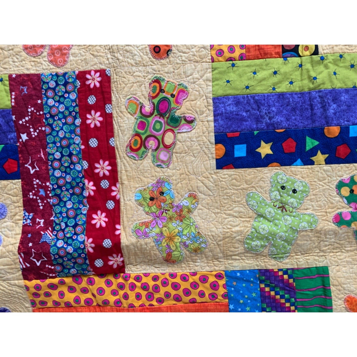 Handmade Rail Fence and Applique Blocks and Teddy Bear motifs Quilt with pillow