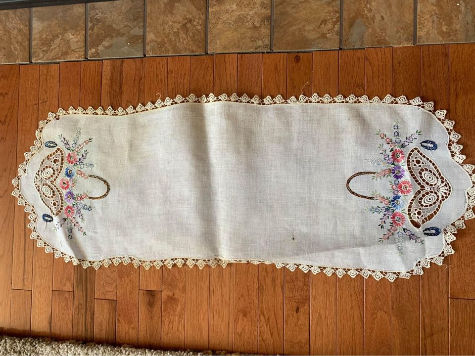 Vintage hand embroidered cut work runner 16” x 44” set of 2 #277B