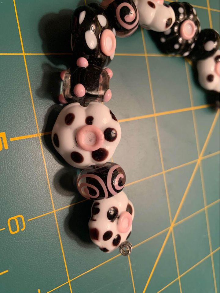 Handmade pink black & white glass lampwork beads - New