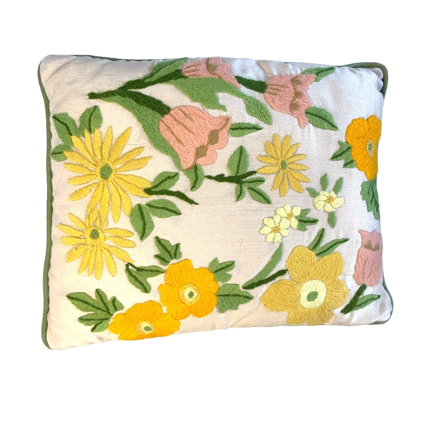 Vintage Crewel Yellow and Pink Flower accent pillow with green piping