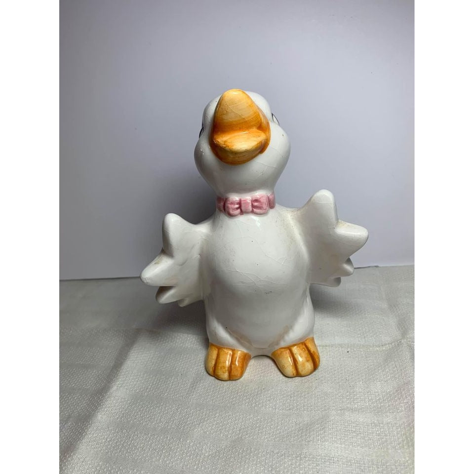 Vintage Baby Duck with Pink Bow Ceramic Figure 6.5 inch tall