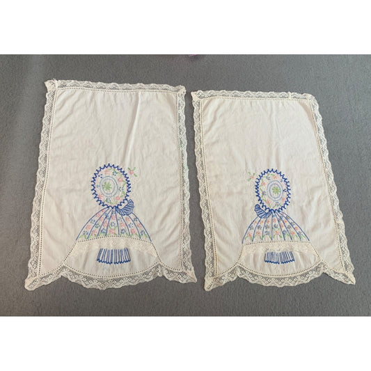 Vintage Embroidered Sunbonnet Sue Doilies with Lace Trim