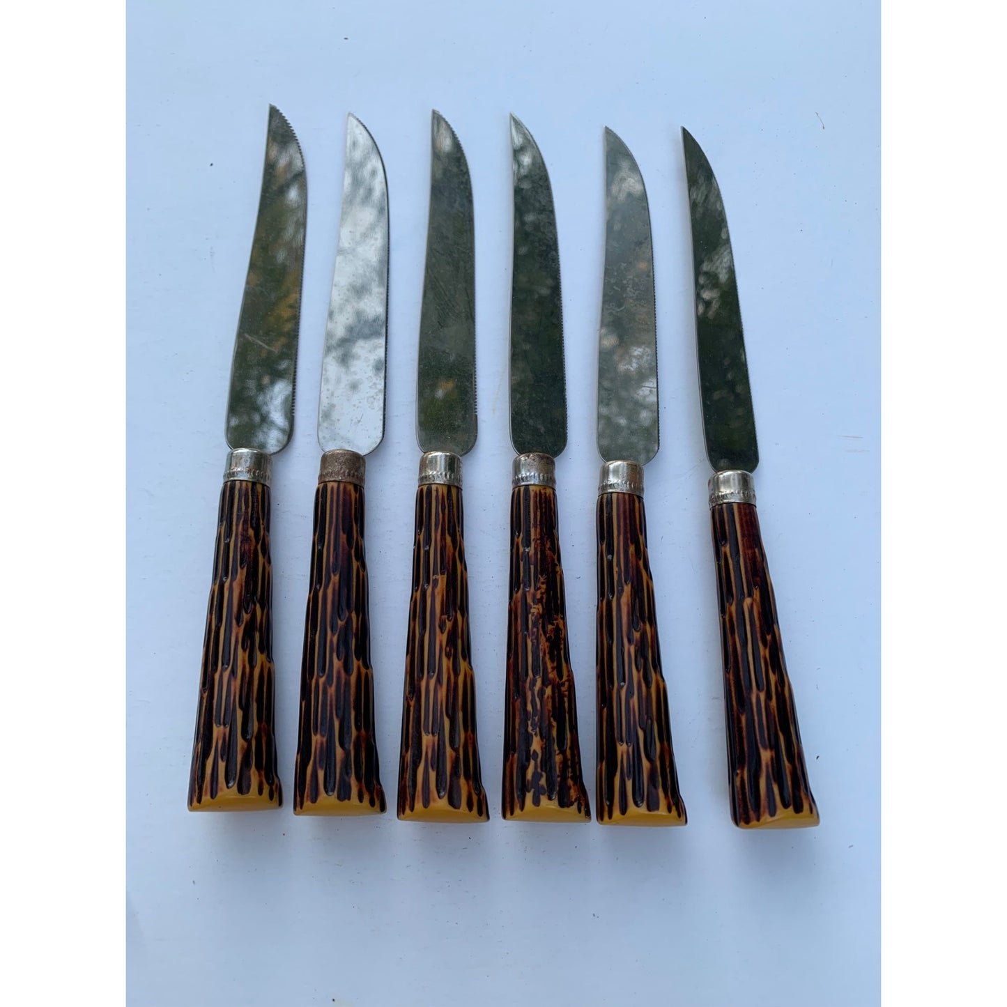 Vintage Sheffield England Stainless Steel Knives Set with Faux Stag Horn Handles