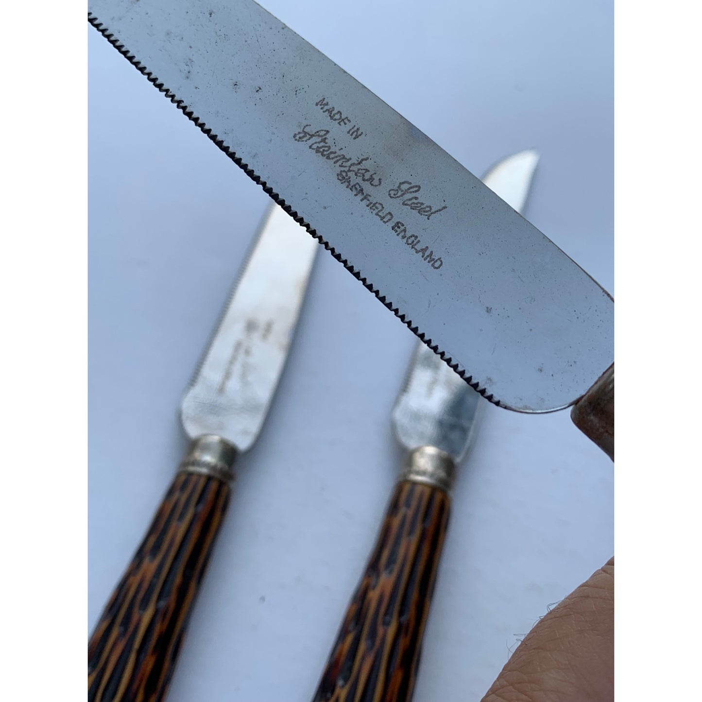 Vintage Sheffield England Stainless Steel Knives Set with Faux Stag Horn Handles