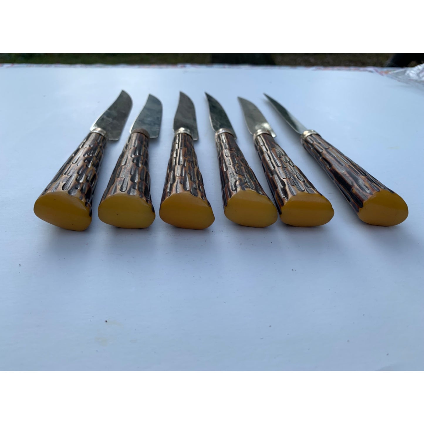 Vintage Sheffield England Stainless Steel Knives Set with Faux Stag Horn Handles