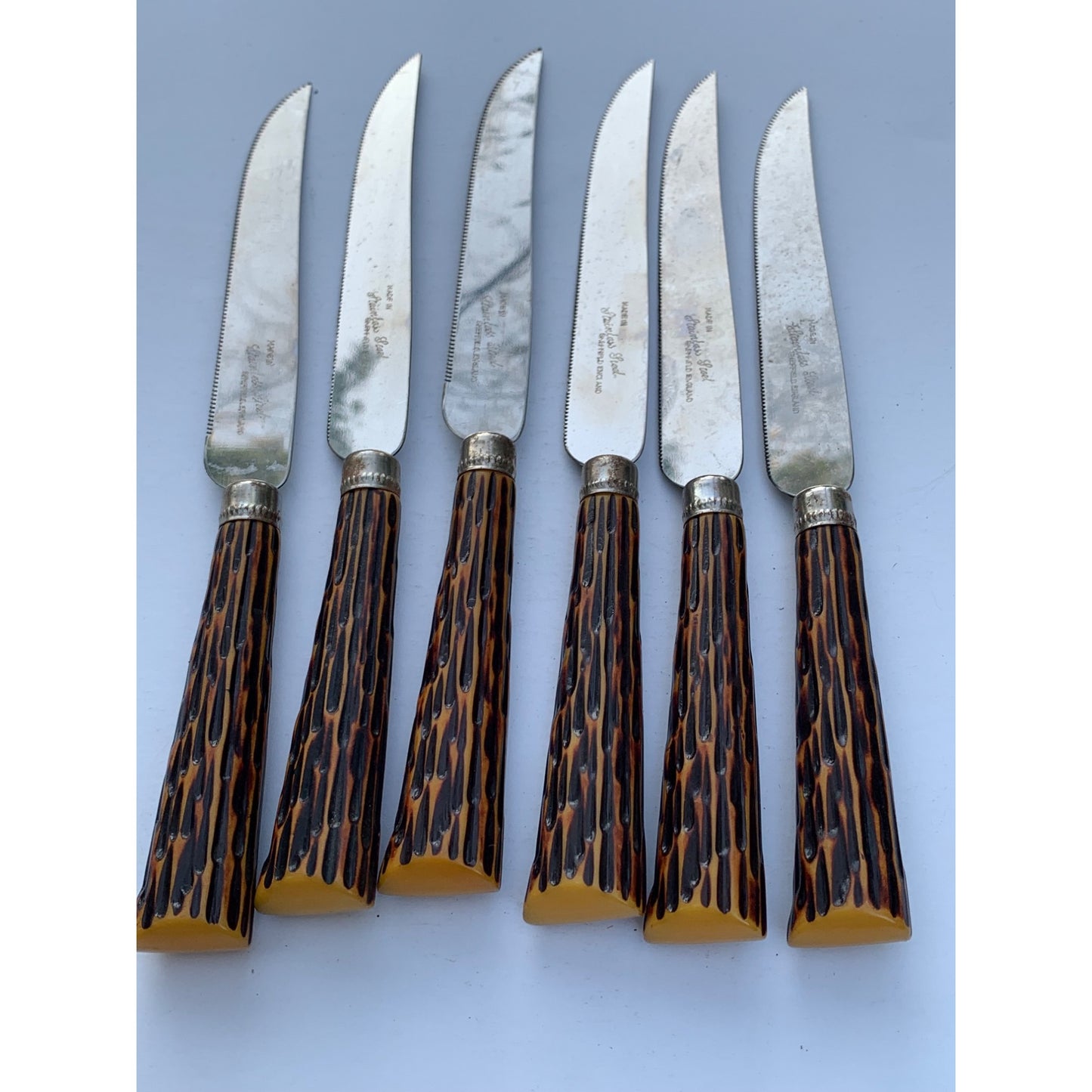 Vintage Sheffield England Stainless Steel Knives Set with Faux Stag Horn Handles