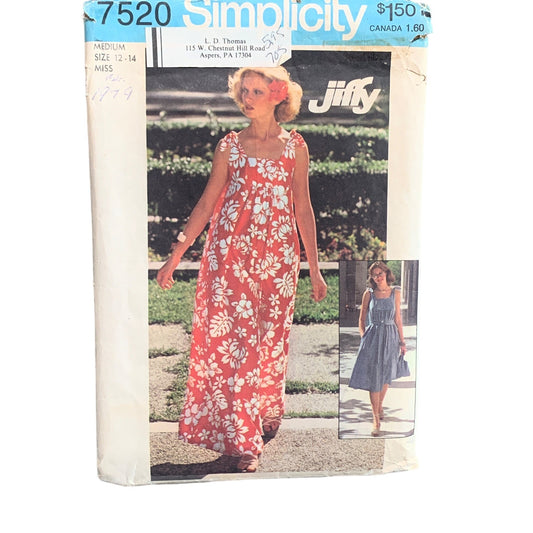 Simplicity 7520 Jiffy Dress Sewing Pattern 12-14 Misses 70s