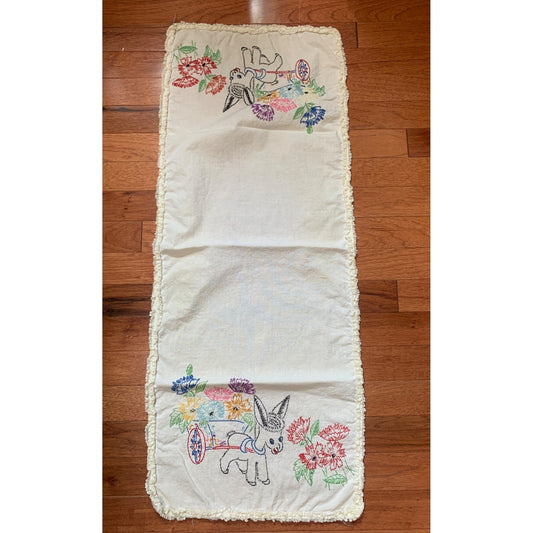 Vintage Embroidered Donkey & Floral Table Runner 35"x14"