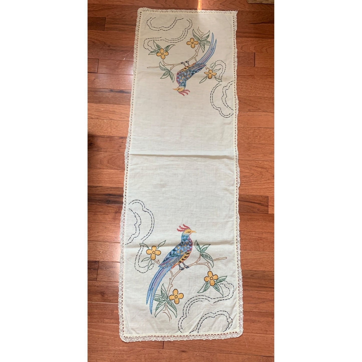 Vintage Hand-Embroidered Bird & Floral Table Runner with Lace Trim