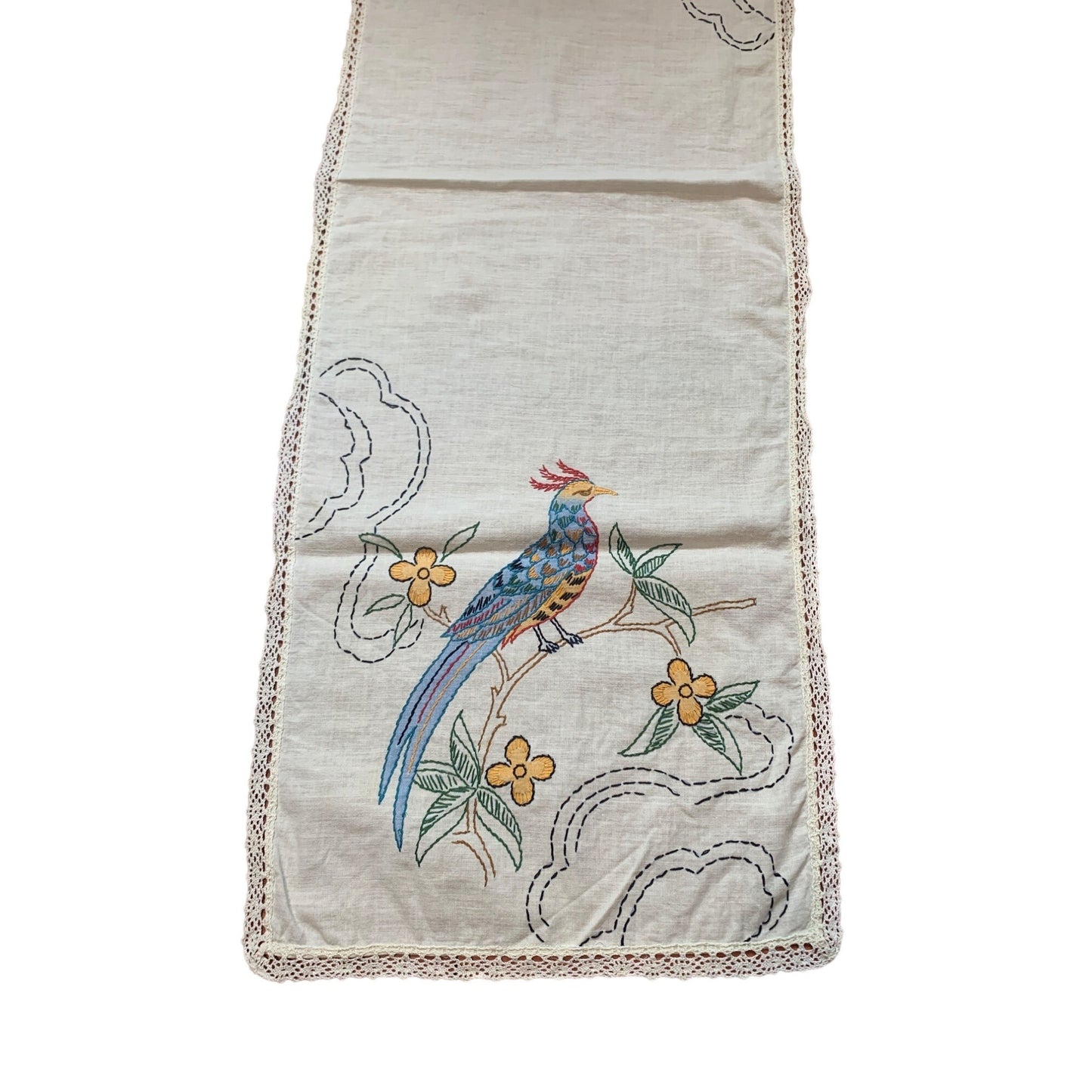 Vintage Hand-Embroidered Bird & Floral Table Runner with Lace Trim