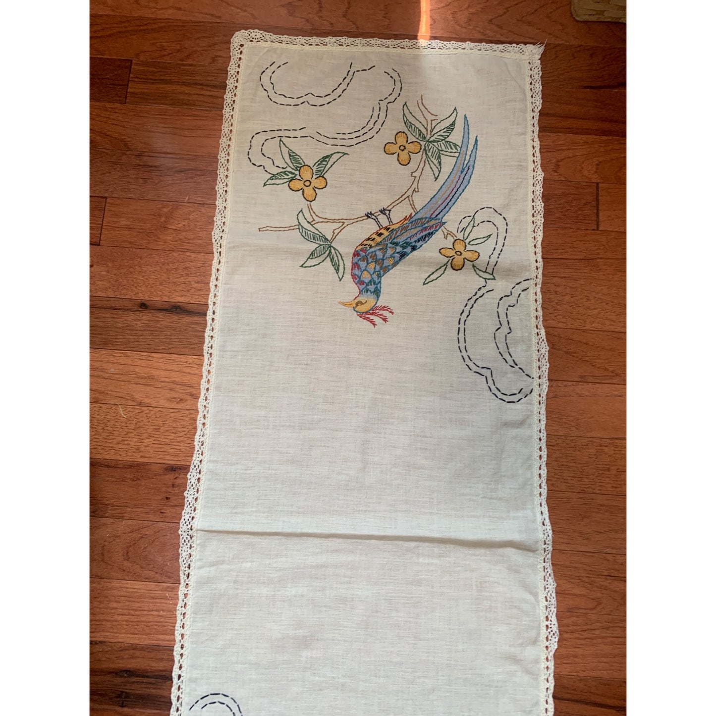 Vintage Hand-Embroidered Bird & Floral Table Runner with Lace Trim