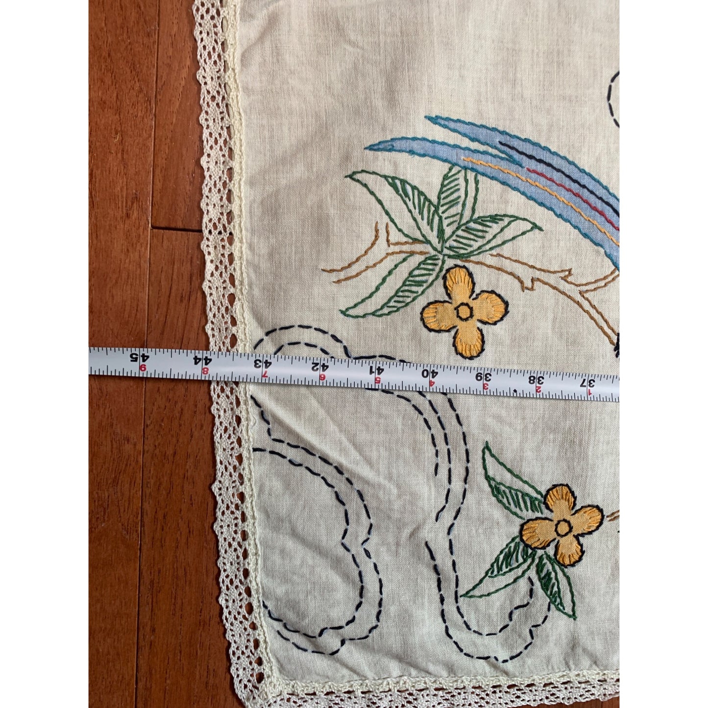 Vintage Hand-Embroidered Bird & Floral Table Runner with Lace Trim