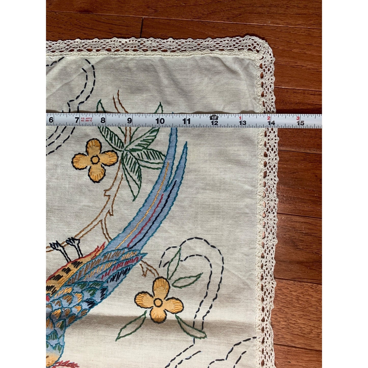 Vintage Hand-Embroidered Bird & Floral Table Runner with Lace Trim