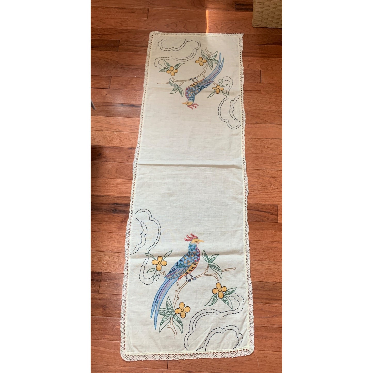 Vintage Hand-Embroidered Bird & Floral Table Runner with Lace Trim