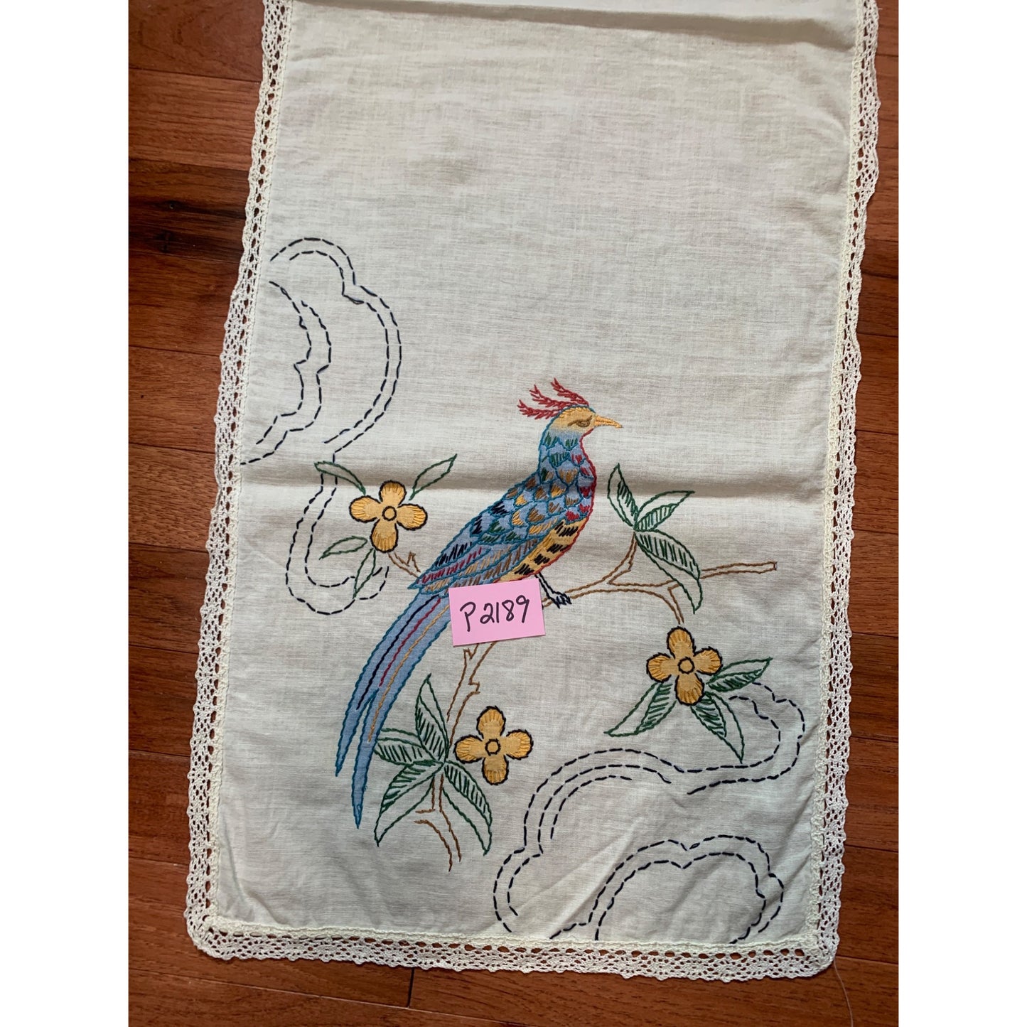 Vintage Hand-Embroidered Bird & Floral Table Runner with Lace Trim