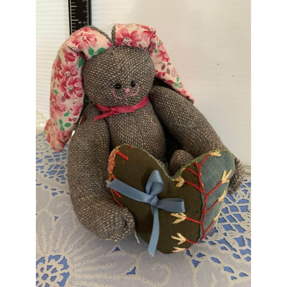 Handmade Gray Bunny with Heart plush 6 inch