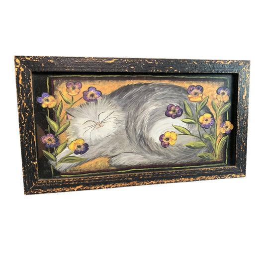 Framed Cat with "Pansy" Hand Watercolor Wall Art 17.5x10 Signed