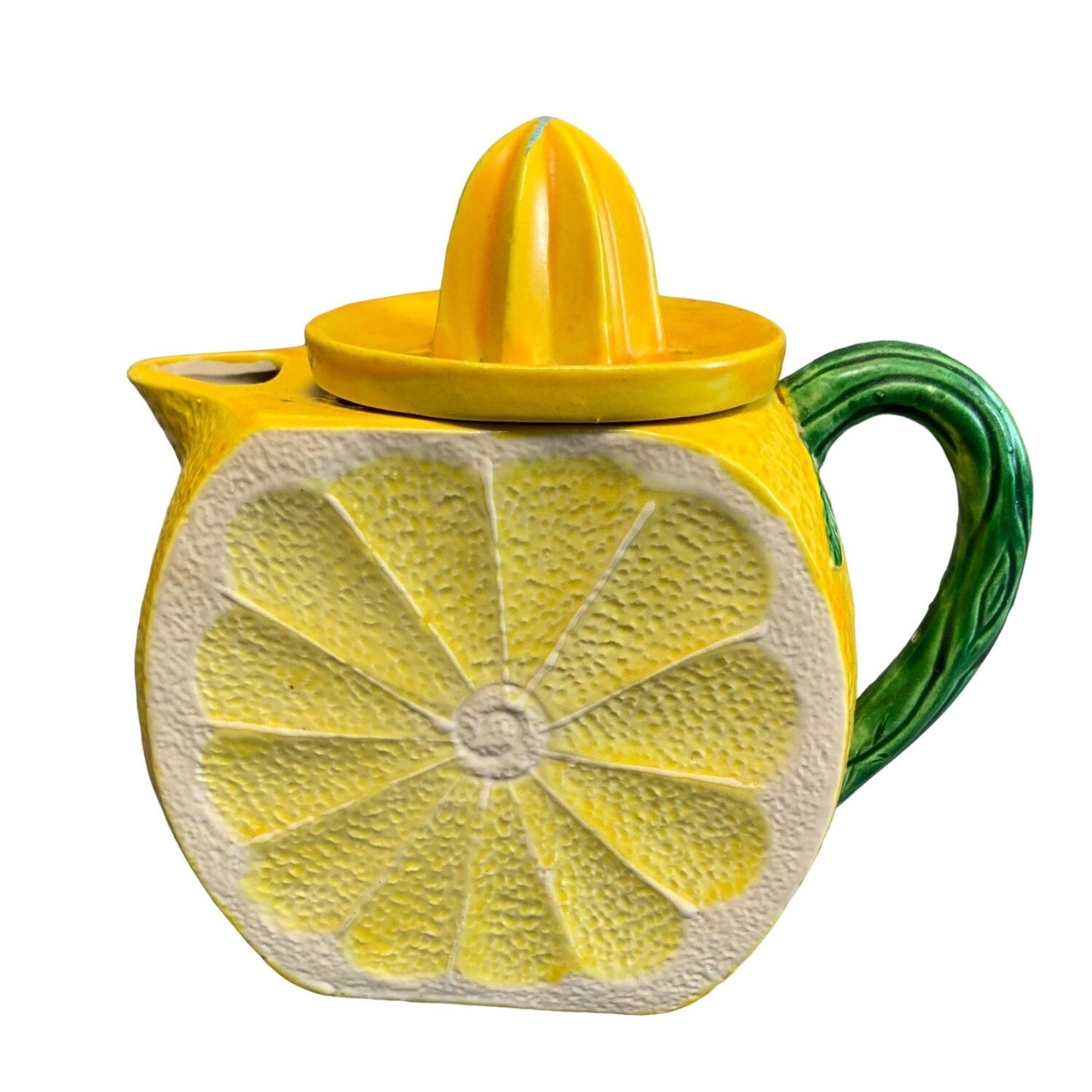 Lemon-Themed Ceramic Citrus Reamer with Juicer Lid & Green Leaf Handle