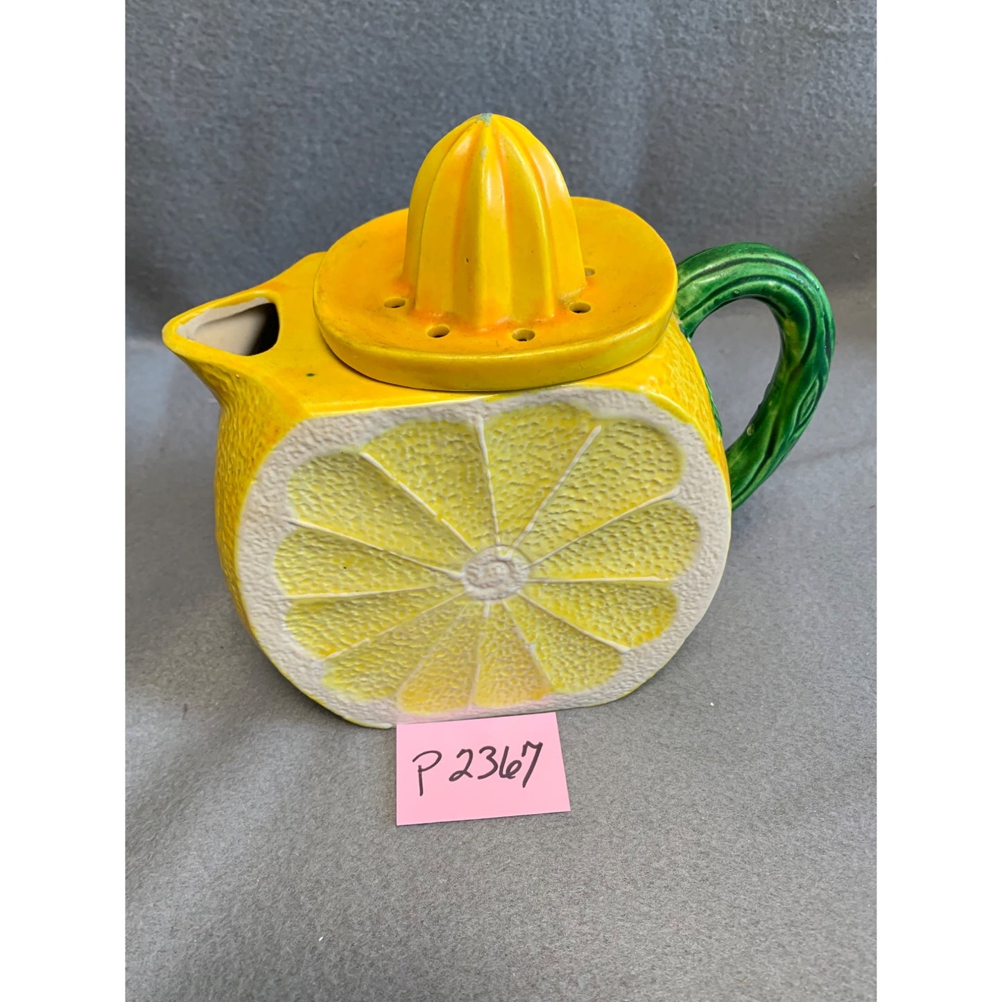 Lemon-Themed Ceramic Citrus Reamer with Juicer Lid & Green Leaf Handle