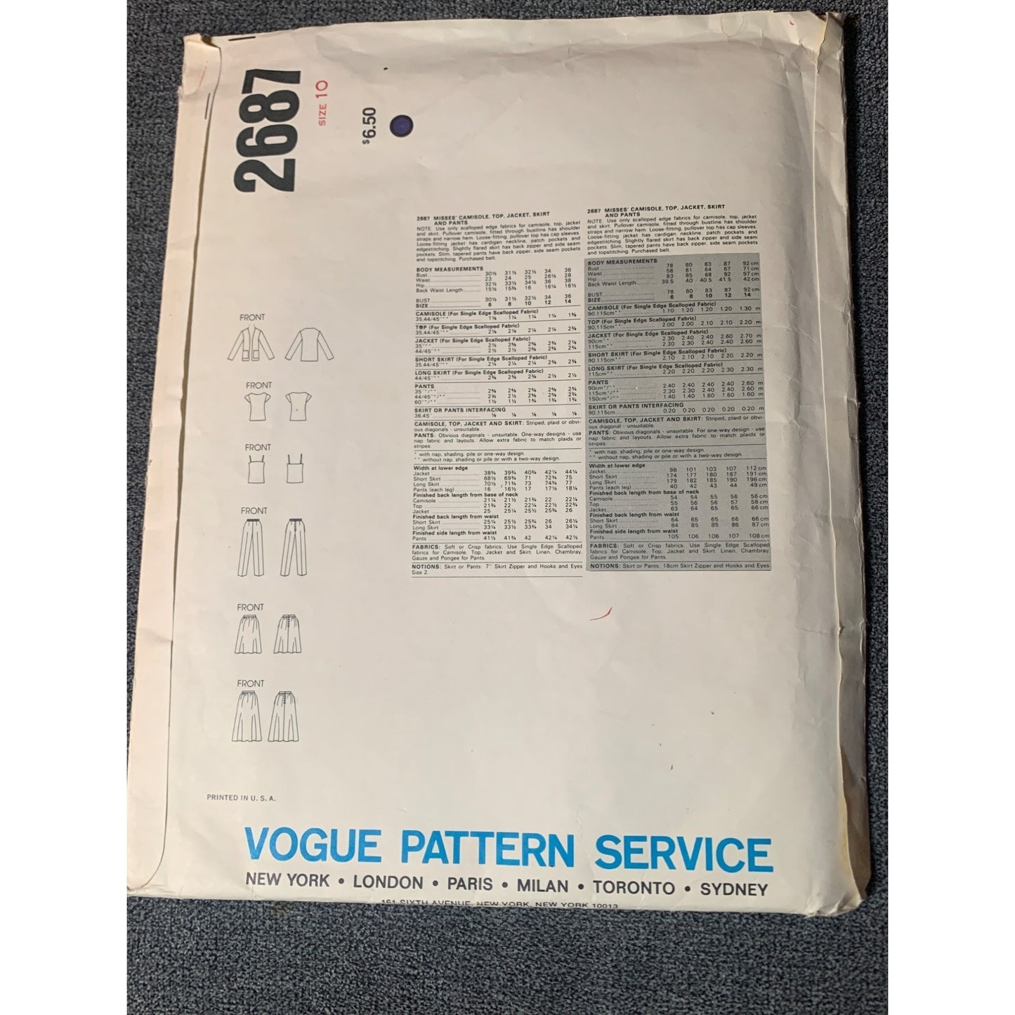 Vogues Basic Design Pattern #2687 Womens Shirt Short Jacket Pants Skirt Size 10