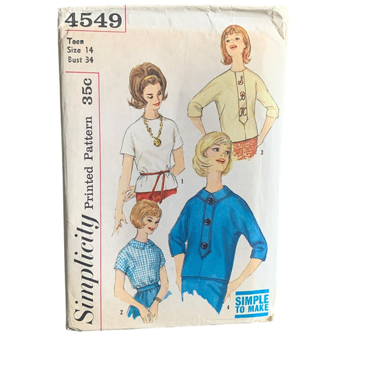 Vintage Simplicity 4549 Sewing Pattern Teen Size 14 Blouse